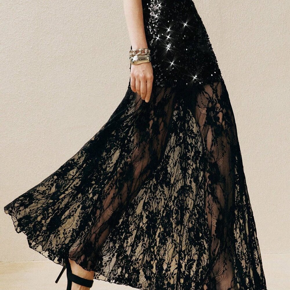 Black Elegant Women's Sequined Lace Maxi Skirt